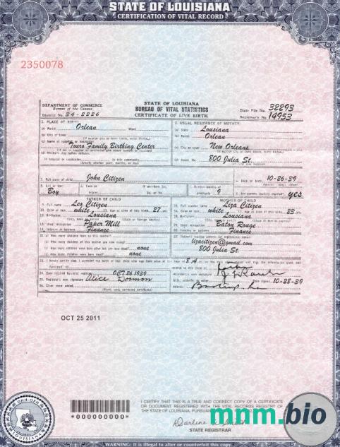 USA Louisiana narodziny cert